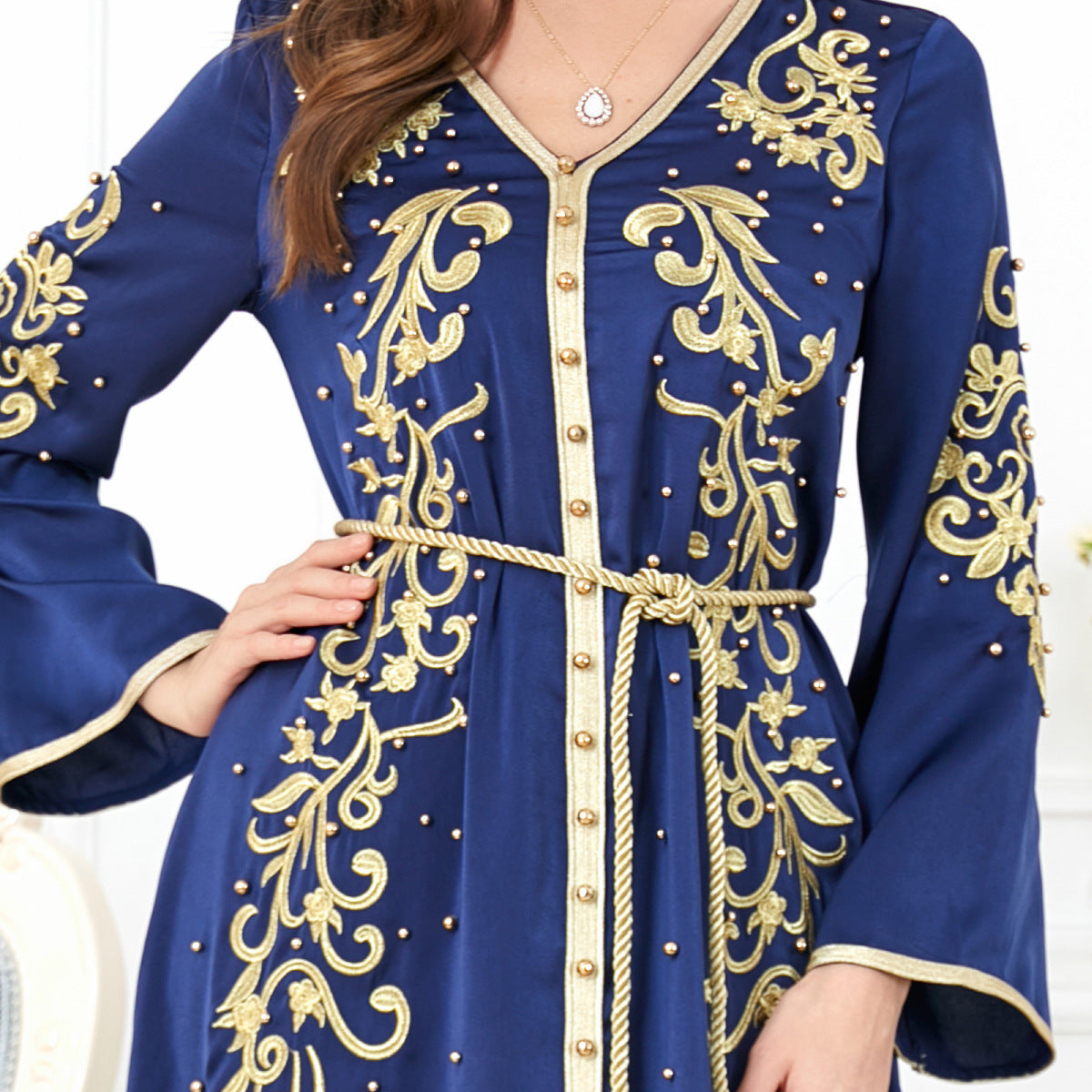 3299#Modest Muslim Turkey Arabic Dubai Diamond Ribbon V Neck Bead Maxi Dress