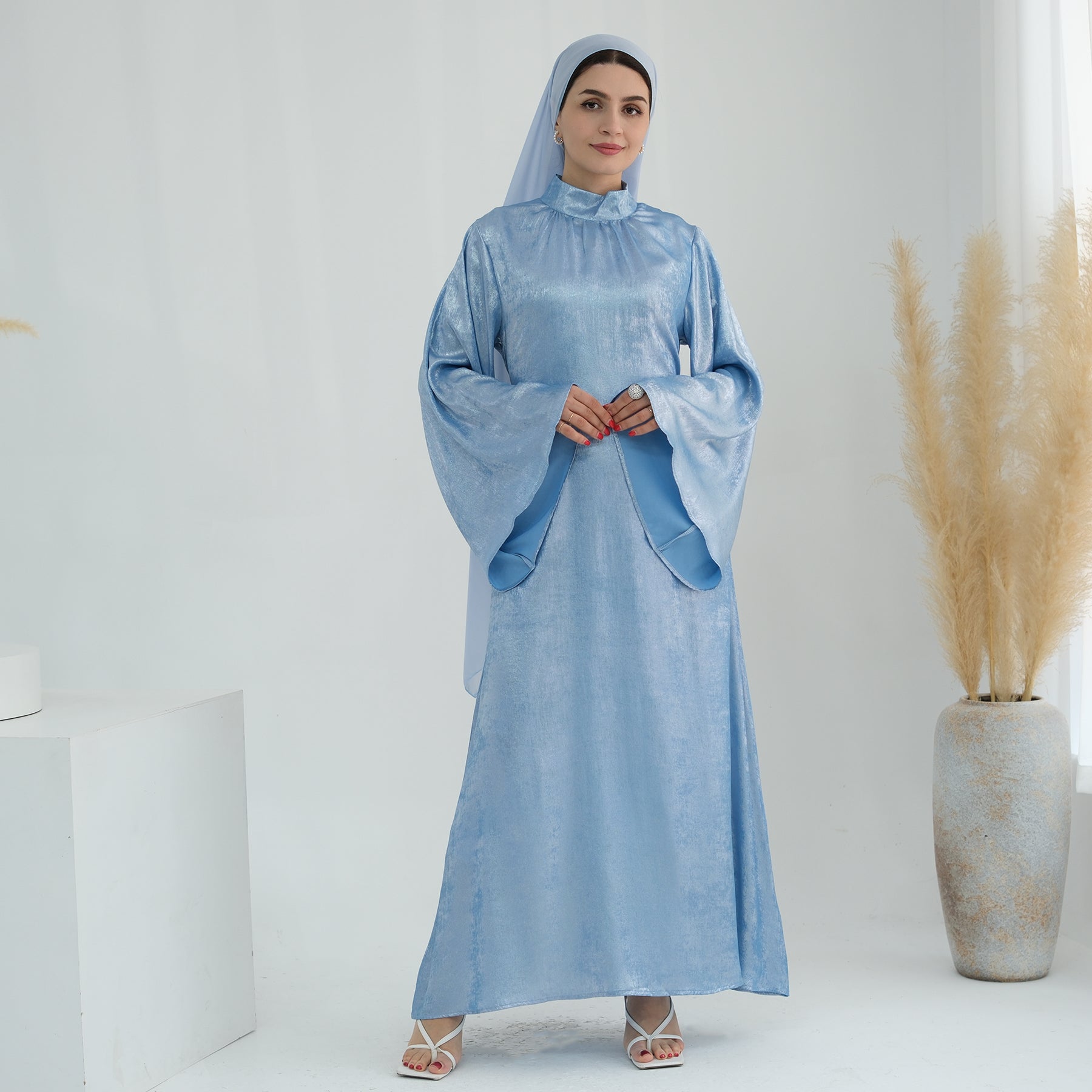 1777#New Modest Muslim Dress Long Sleeve Shinny Polyester Fashion Dubai Abaya Women Dress Elegant Islamic Clothing