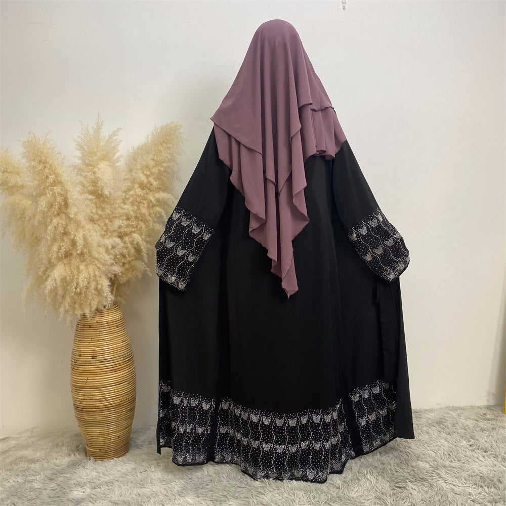 1431#Latest Sparkle Beauty Diamond Classic Black Elegant With Side Pockets Women Open Abaya