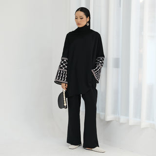 1836#Keffiyeh Inspired Long Sleeve Top and Pants Daily Casual Wear Suit for Muslim Women 2pcs Modest Fashion Abaya Set