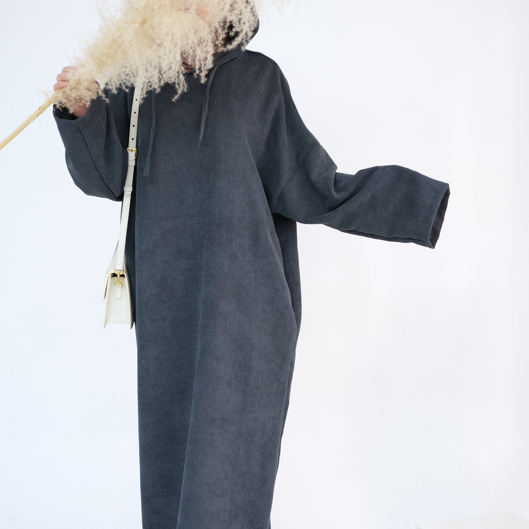 1890#Casual Cordury Hoodie Abaya Loose  Muslim Women Dress with Pockets Daily Wear Winter Abaya