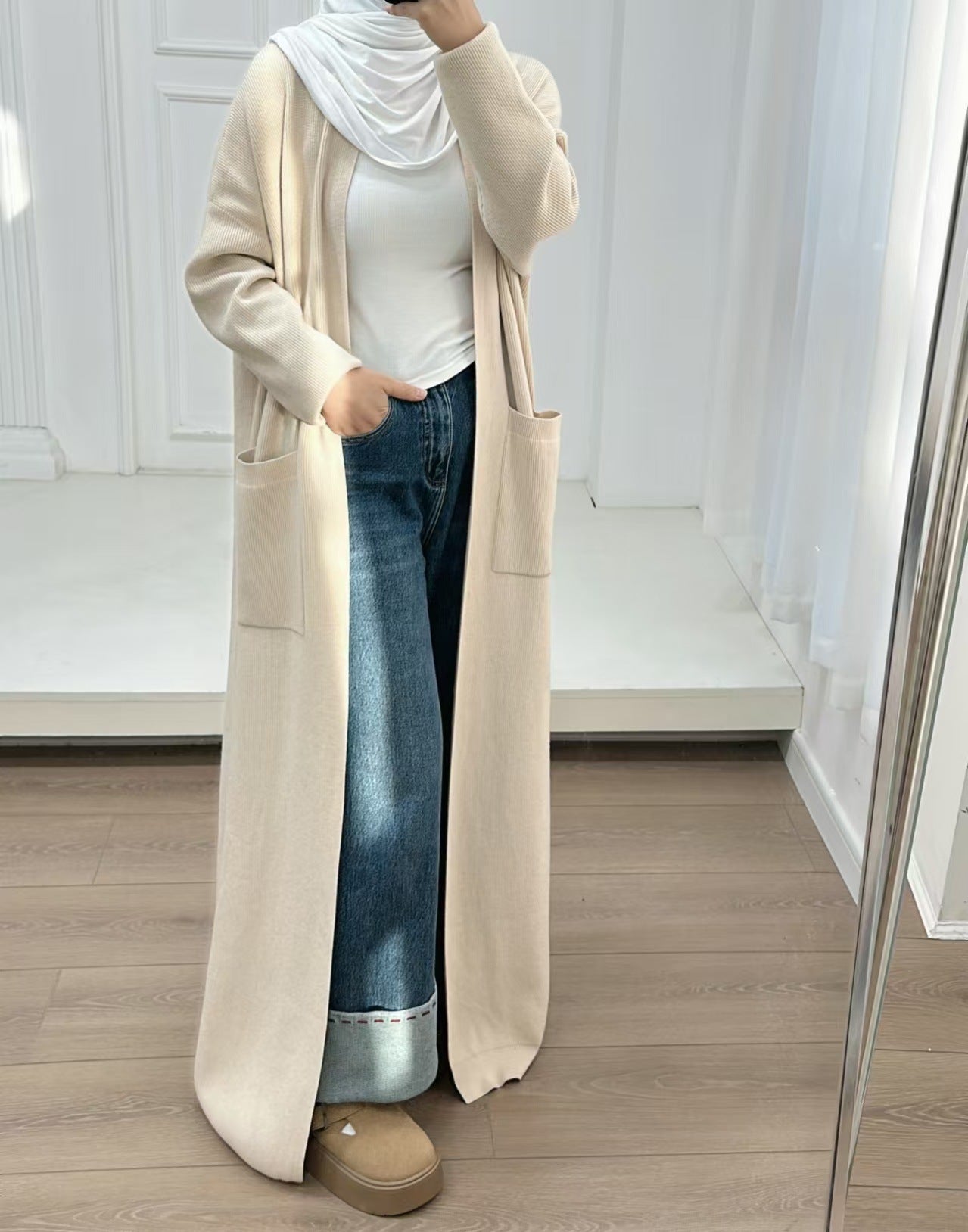 1906#Open Front Abaya with Pocket Thick Islamic Clothing Winter Cardigan Dress EID Ramadan Muslim Knitted Abaya
