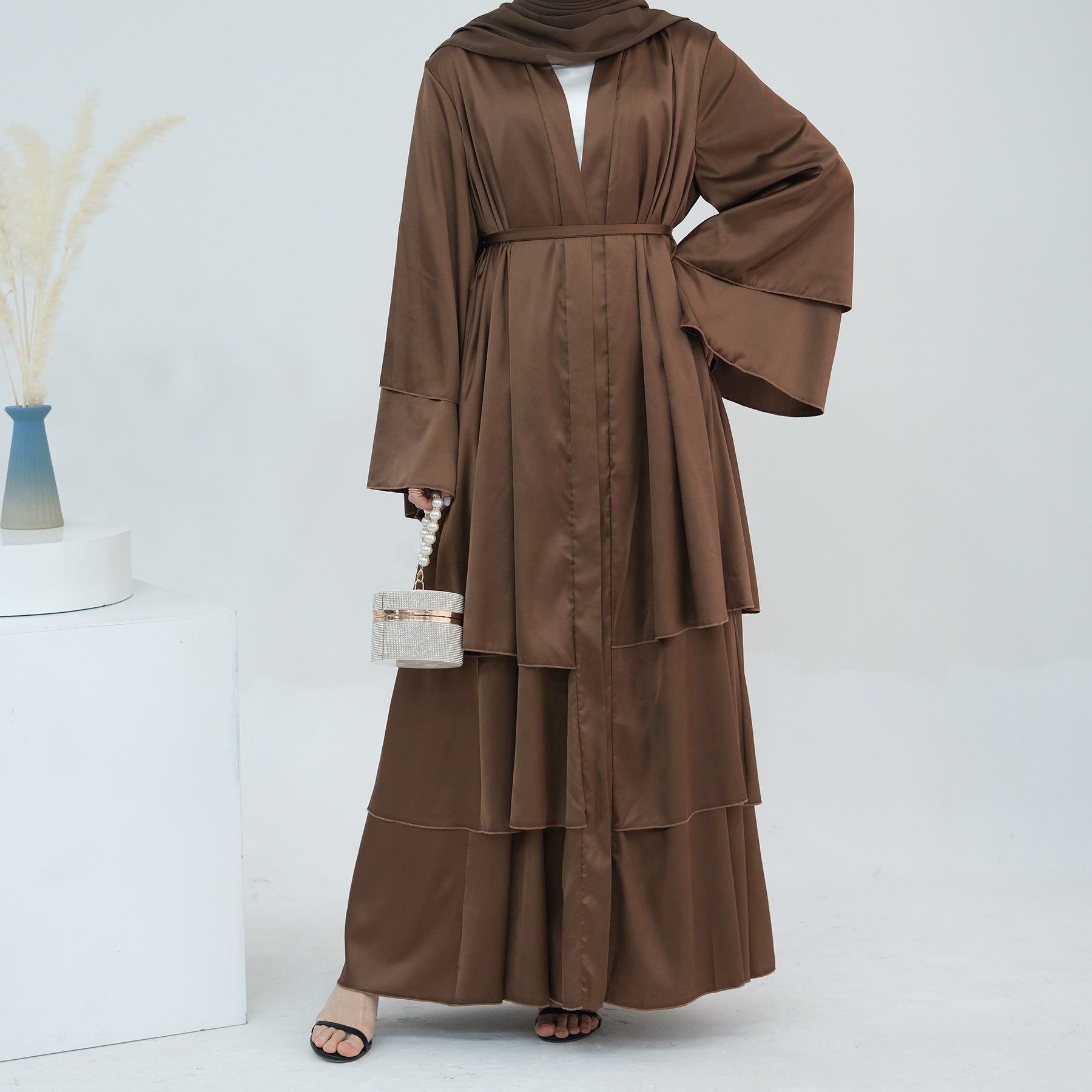 1706#2024 High Quality Satin Silk Open Abaya EID Dubai 3 Layers Abaya Islamic Clothing