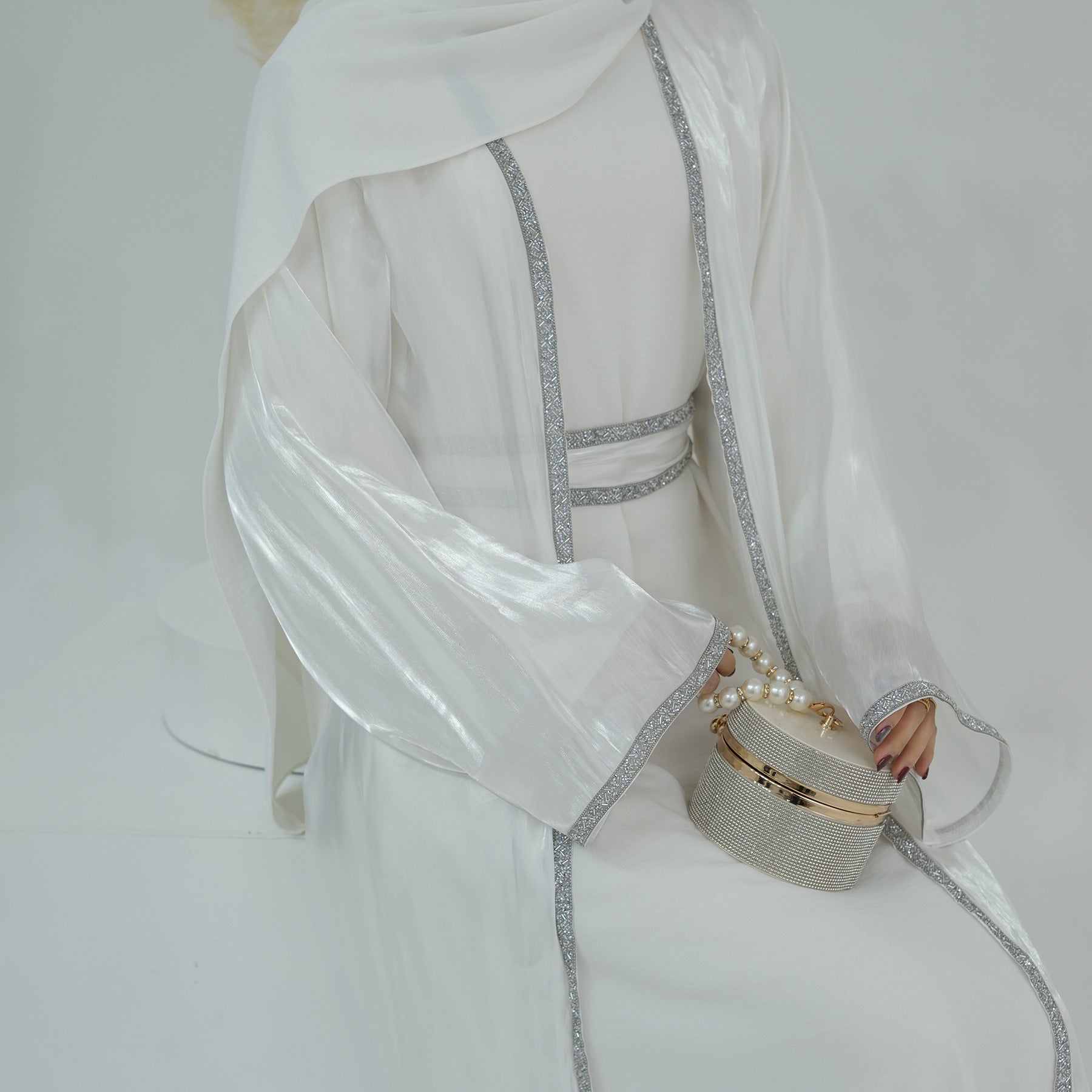 1699#2024 New Abaya Set Shinny Polyester Glitter Dubai Abaya Modest Kimono