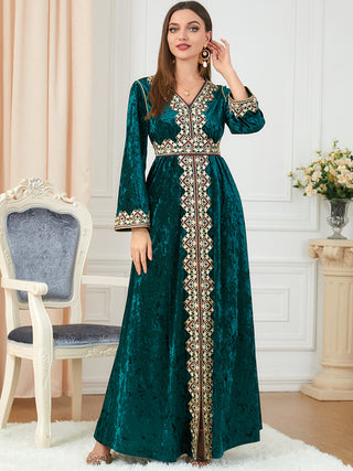 3258#Women's Long Dress Velvet Tape Trim V-Neck Belted Kaftan Abaya