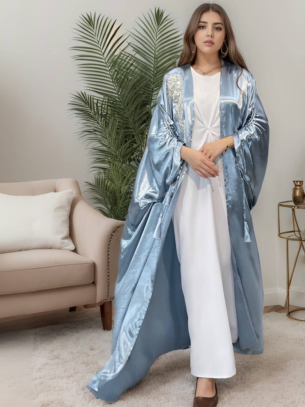 1009#  New Arrival Stylish Islamic Clothing Dubai Abaya Fashion Cardigan Women Satin Abaya