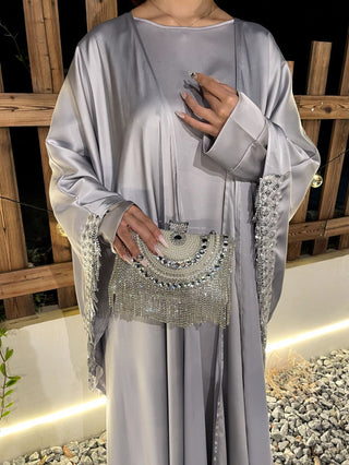 1037#Luxury Abaya Manufacturer Islamic Clothing Cardigan Abaya and Inner Dress Set With Diamond Chain