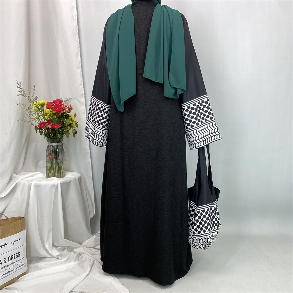 1452#Hot Seller Palestine-Inspired Printed Soft Linen Keffiyeh Open Abaya Wholesale With Crossbody Bag