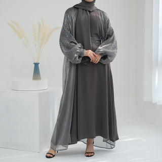 1698#2024  Luxury Stone Design Islamic Clothing 2 Piece Abaya Set Front Open Abaya