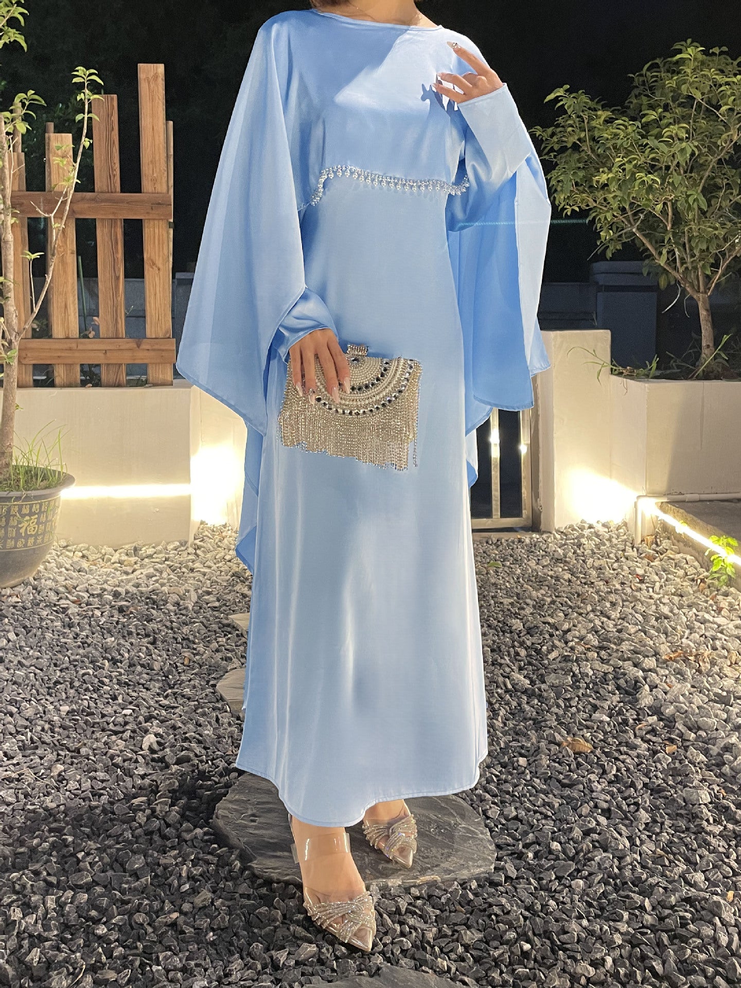 1020#2pcs Abaya Women Muslim Dress Set  Ramadan Islamic Clothing Kaftan with pearls