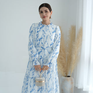 1751#High Quality Chiffon Printed Modest Casual Dresses With Belt Women Abaya Muslim Dress