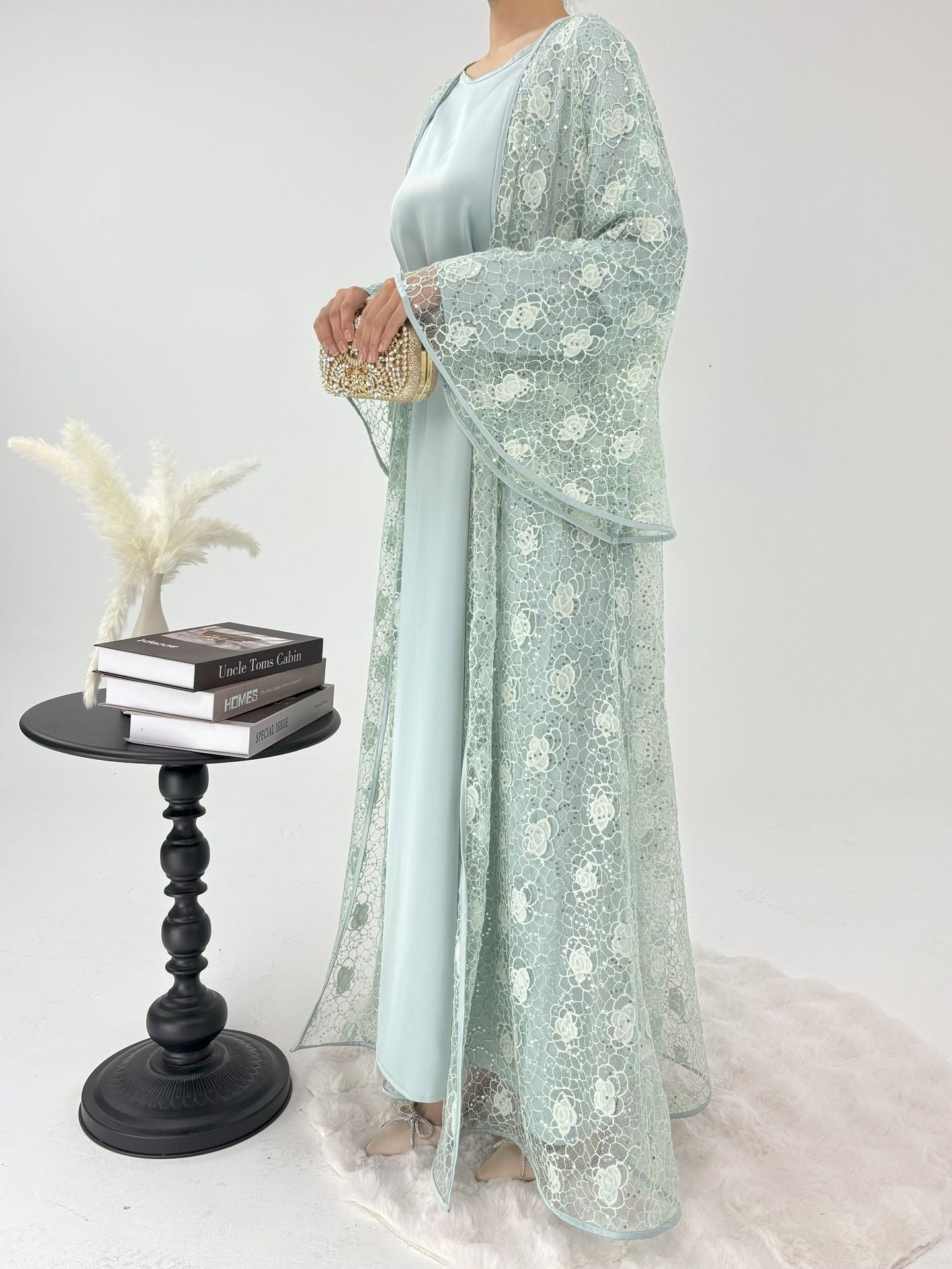 1031#2pcs Lace Abaya Women Muslim Dress Set  Islamic Clothing Kaftan