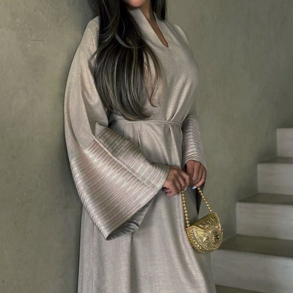 Daily Wear Linen Modest Dresses V Neck Embroidery Sleeves Abaya Women Muslim Dress