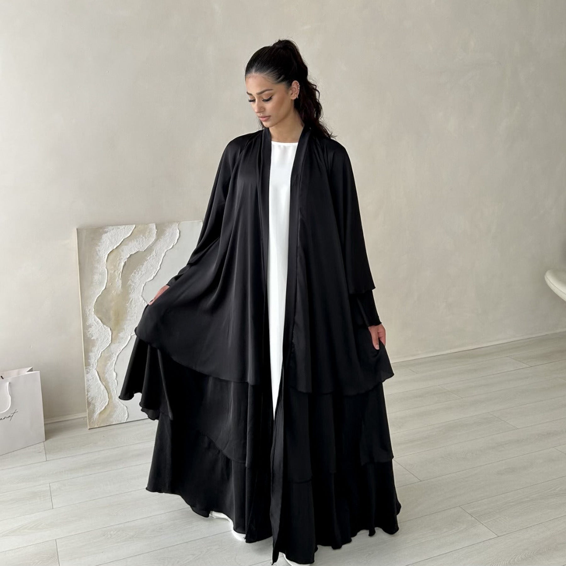 1706#2024 High Quality Satin Silk Open Abaya EID Dubai 3 Layers Abaya Islamic Clothing