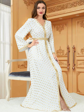 3194#White Dot Gold Stamp Dubai Arabic Moroccan Kaftan Maxi Muslim Dress