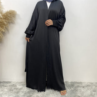 1975# New satin open abaya women dubai cardigan with side pockets