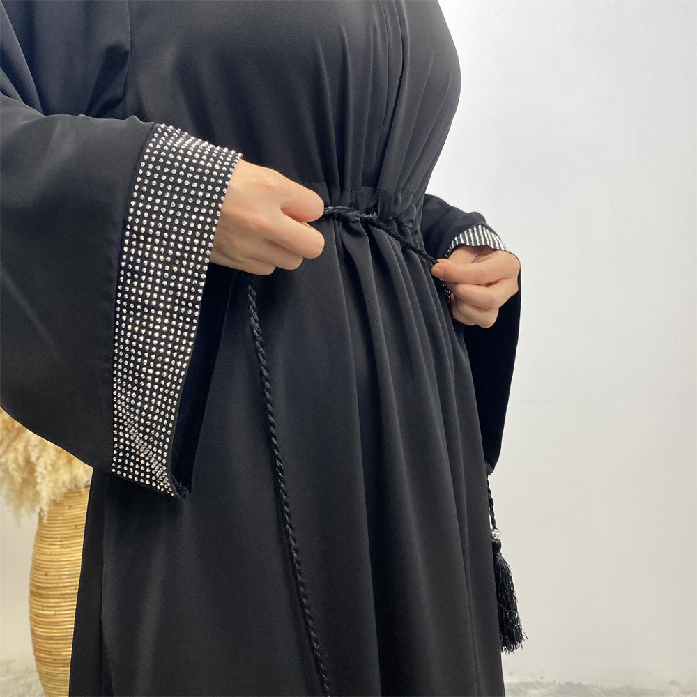 6758# Front zipper closed abaya dress loose cuff with rhinestone maxi dresses