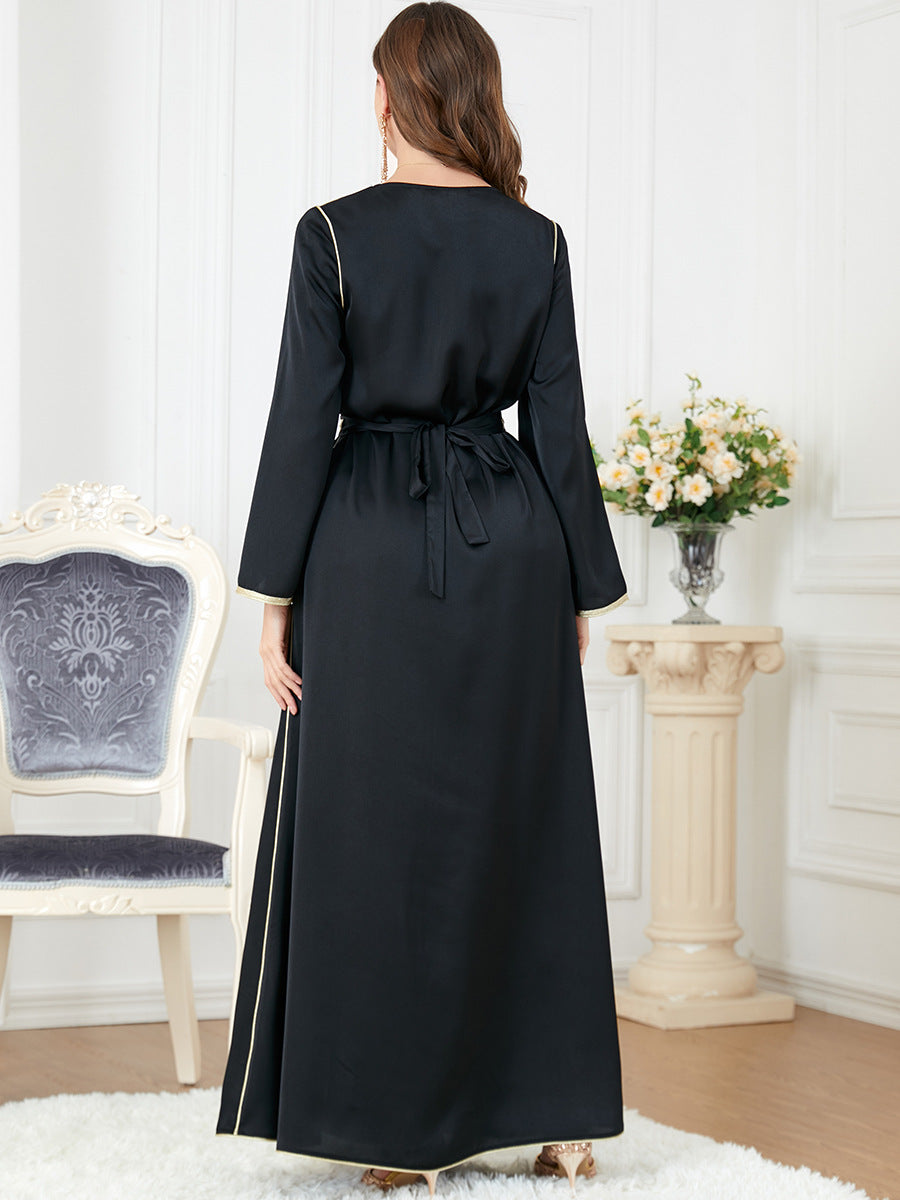 3277#Ribbon Jalabiya Moroccan Kaftan Arabic Muslim Black Dress