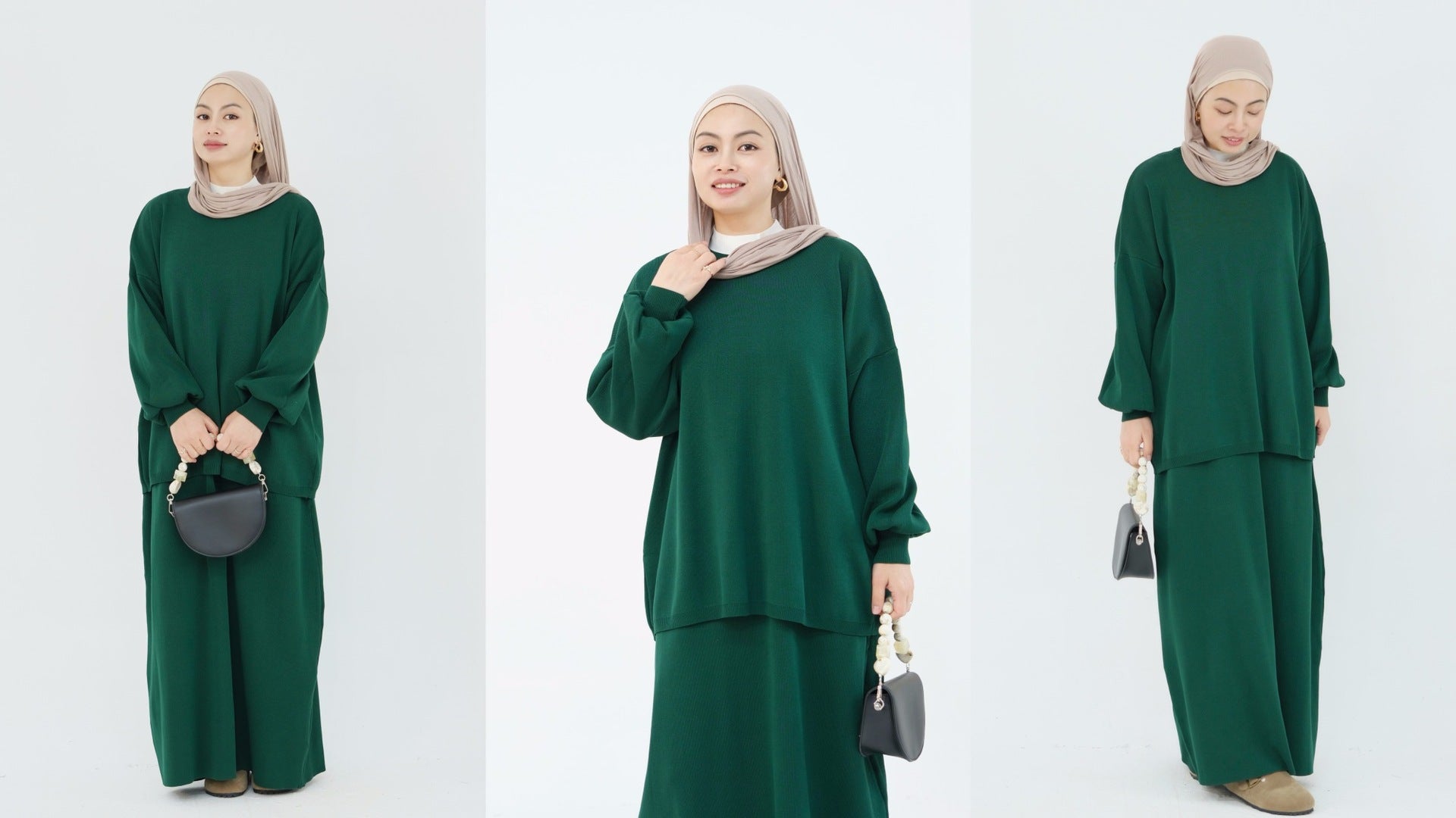 1928#Knit Fabric Solid Color Women's Dress Islamic Clothing Sweater Skirt Set 2pcs Winter Set Abaya