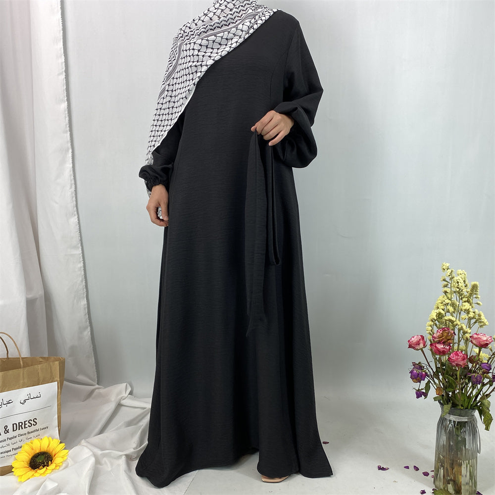 6840#New Linen Summer Abaya Dress Islamic Clothing for Dubai Turkish Muslim Women with Long Sleeve and Side Pockets