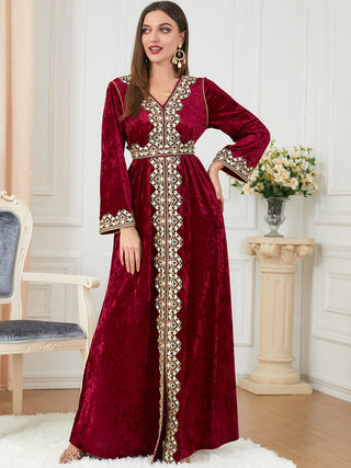 3258#Women's Long Dress Velvet Tape Trim V-Neck Belted Kaftan Abaya