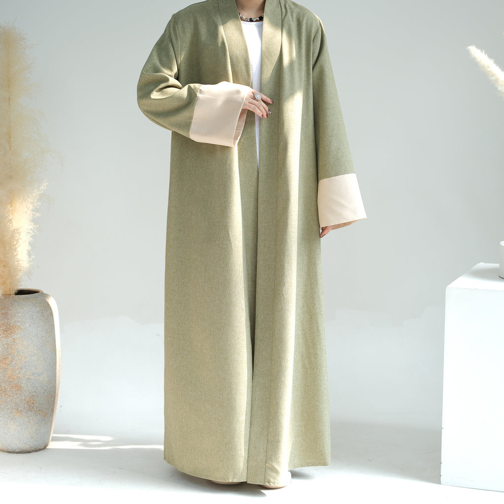 1744#2024 Latest Islamic Clothing Color-blocked Sleeves Linen Cardigan Open Abaya