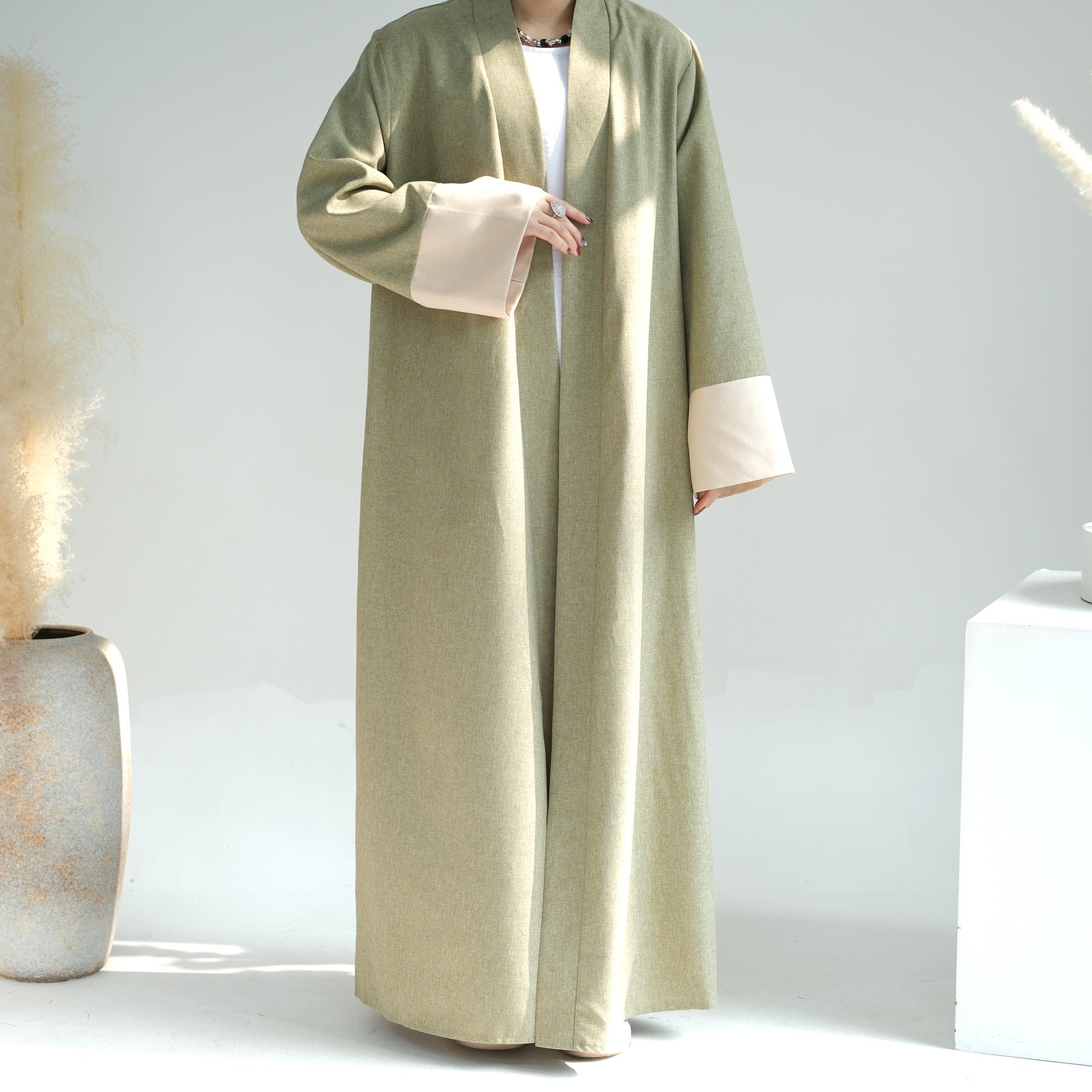 1744#2024 Latest Islamic Clothing Color-blocked Sleeves Linen Cardigan Open Abaya