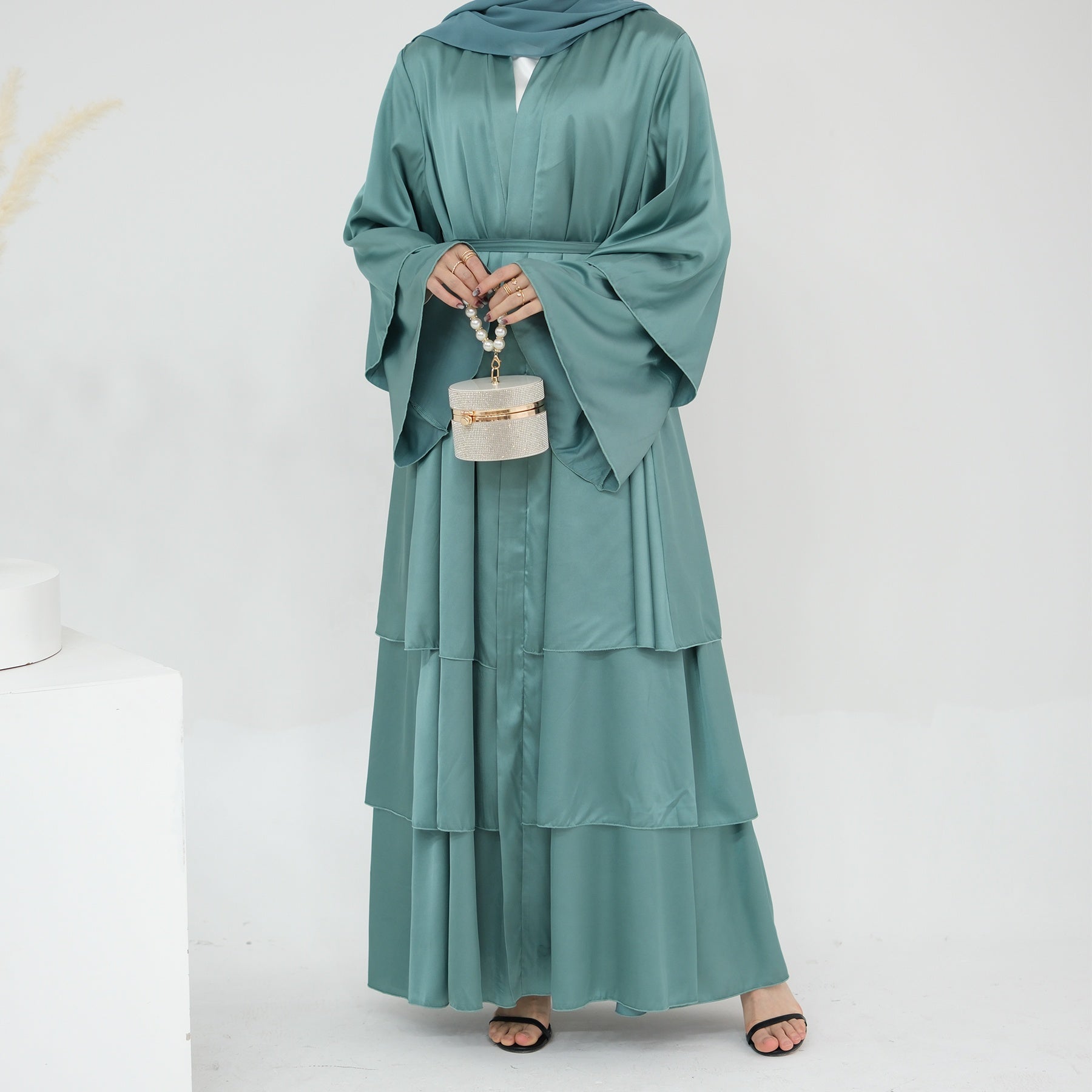 1706#2024 High Quality Satin Silk Open Abaya EID Dubai 3 Layers Abaya Islamic Clothing