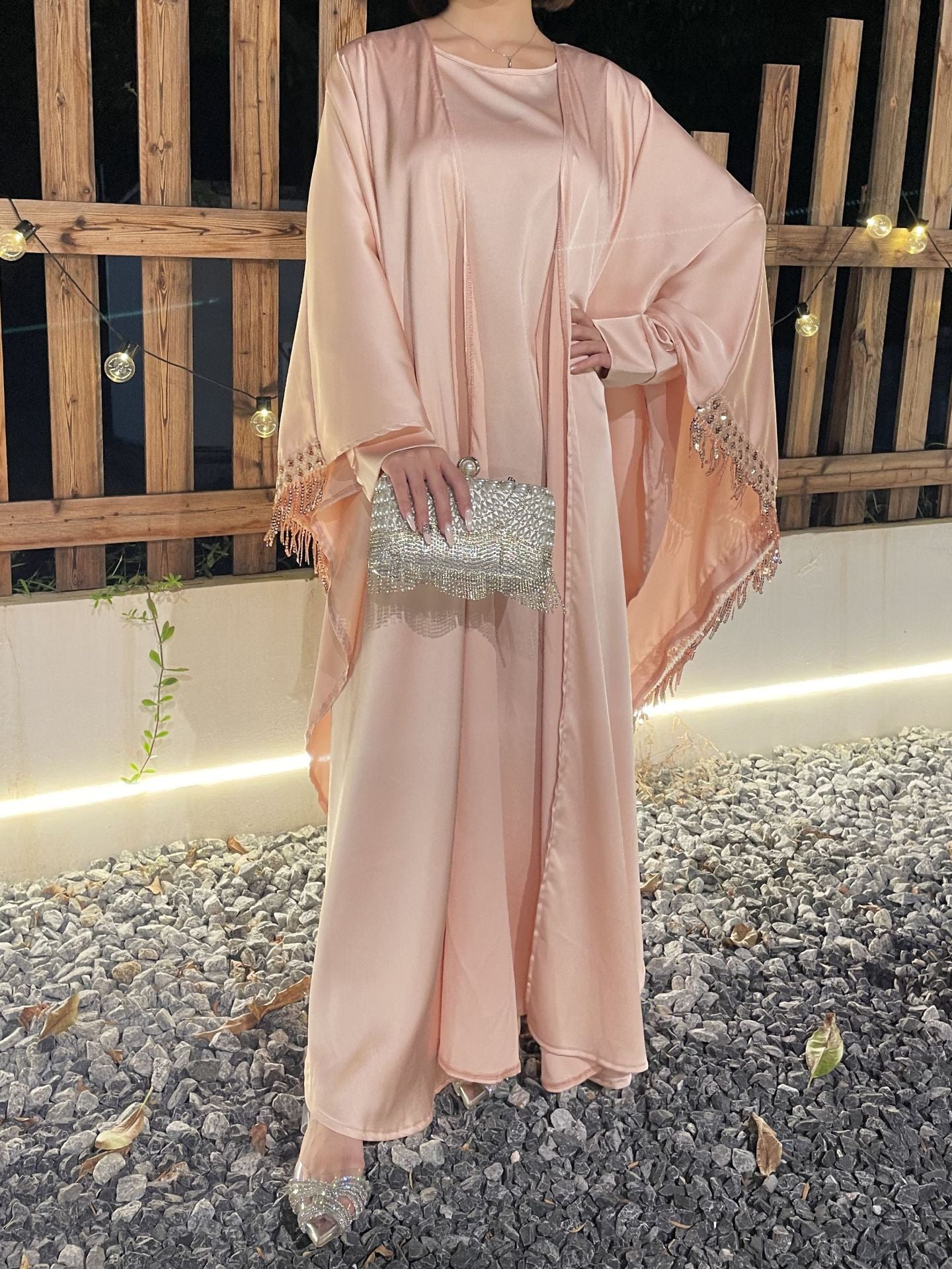 1037#Luxury Abaya Manufacturer Islamic Clothing Cardigan Abaya and Inner Dress Set With Diamond Chain