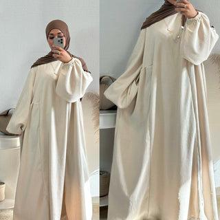 1919#New Winter Abaya Round Neck Balloon Sleeves Solid Color Cordury Closed Abaya Women Dresses