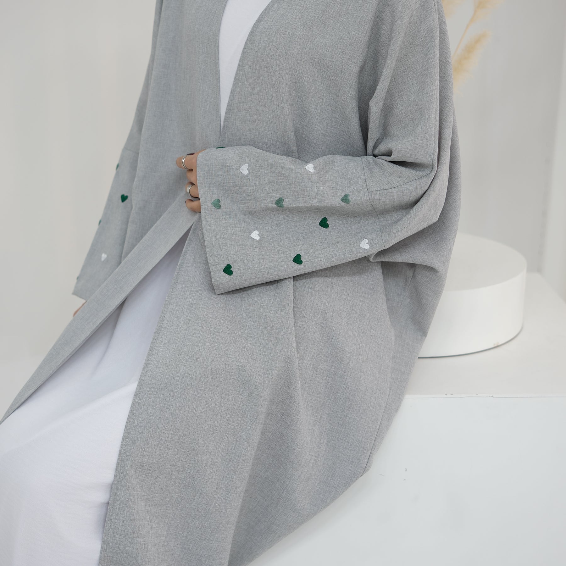 1712# Linen Abaya Islamic Clothing Women Kimono Cardigan EID Ramadan Embroidery Hearts Abaya