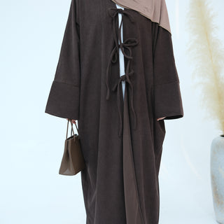 1927# Cutest Bow-Tie Front Open Corduroy Abaya Fall Winter Butterfly Cardigan Kimono Abaya