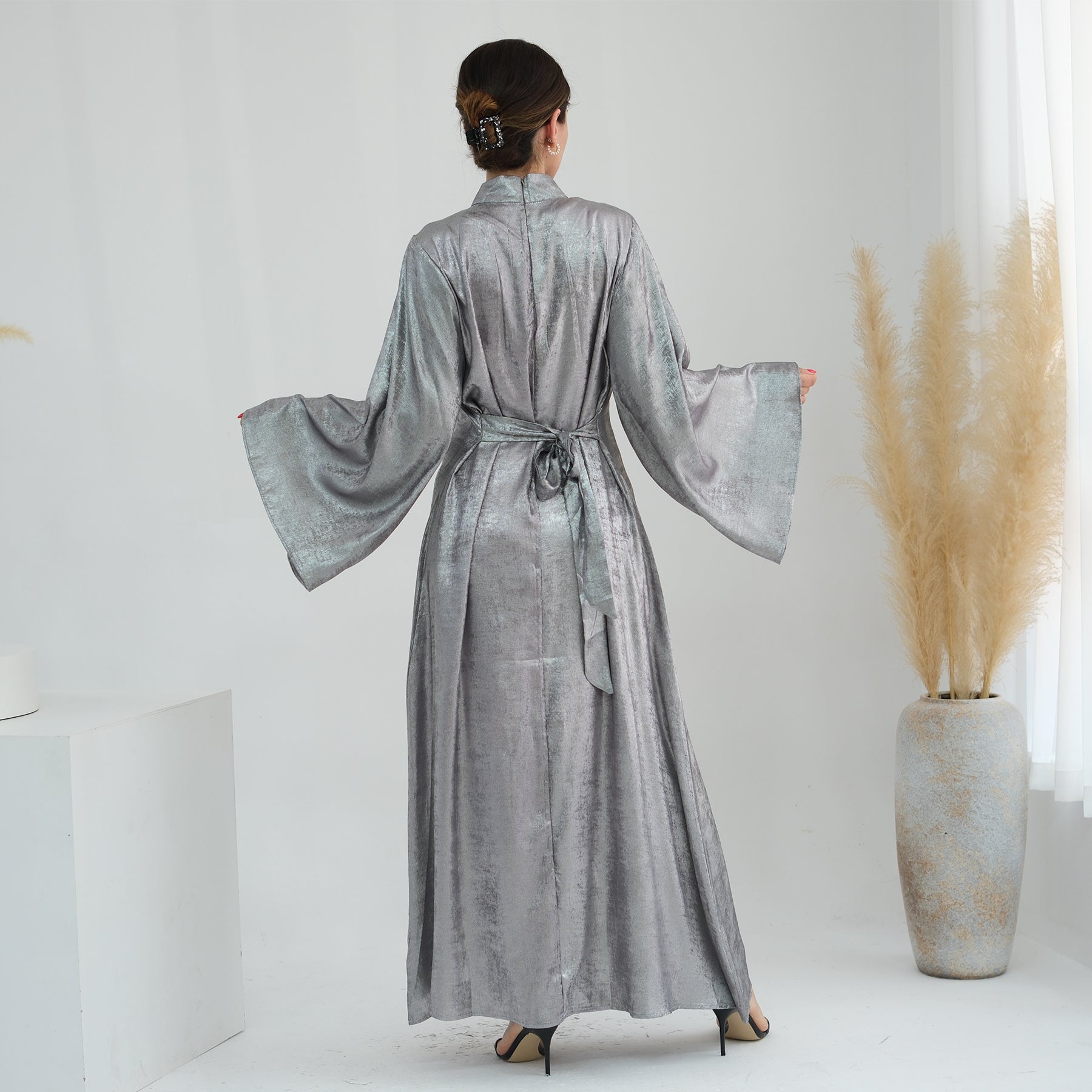1777#New Modest Muslim Dress Long Sleeve Shinny Polyester Fashion Dubai Abaya Women Dress Elegant Islamic Clothing