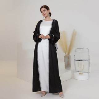 1633#New Design Modest Dubai Muslim Dress Satin Women Open Abaya 2pc set