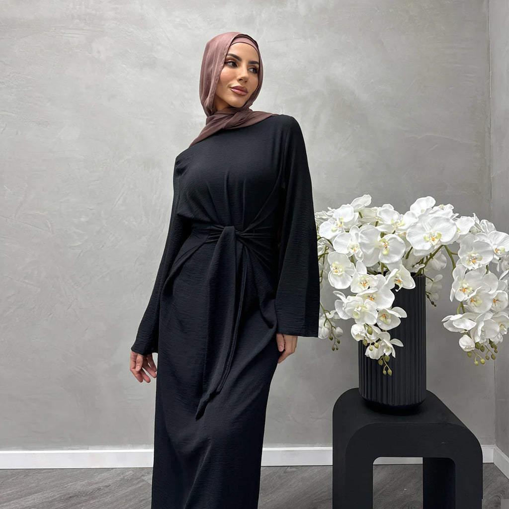 1822#New Arrival Modest Apparel Tie Front Waist Dresses Jazz Maxi Dress Fashion Abaya Women Muslim Dress