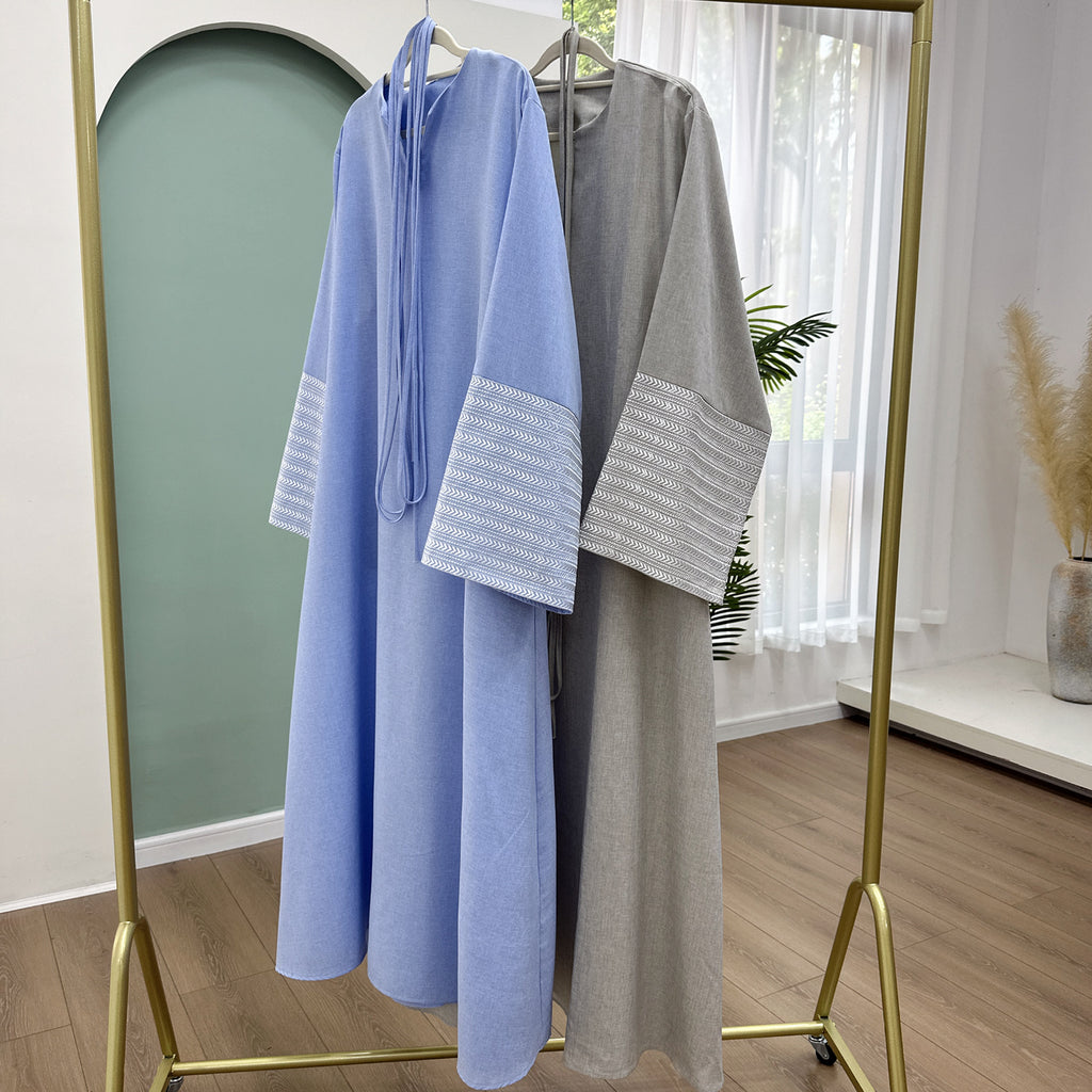 Daily Wear Linen Modest Dresses V Neck Embroidery Sleeves Abaya Women Muslim Dress