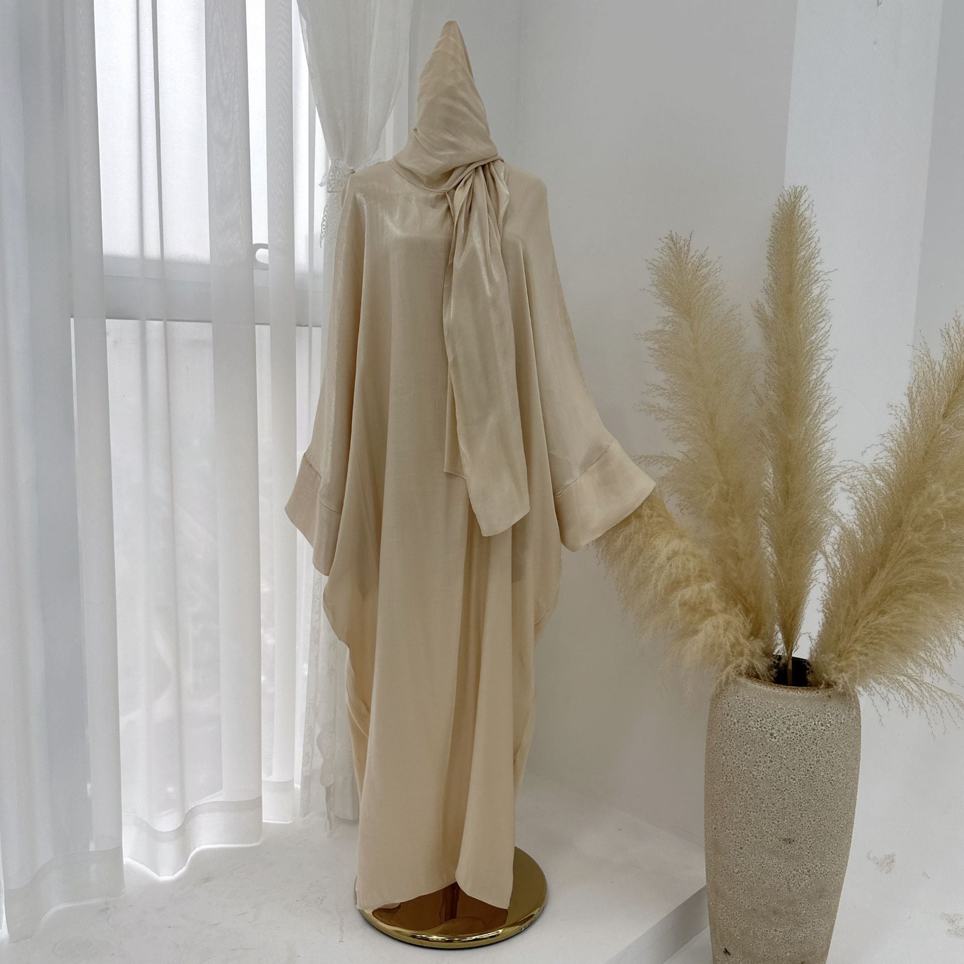 1789# 2024 New Shinny Polyester One Piece Hoodie Abaya Dubai Modest Dress with Attached Hijab