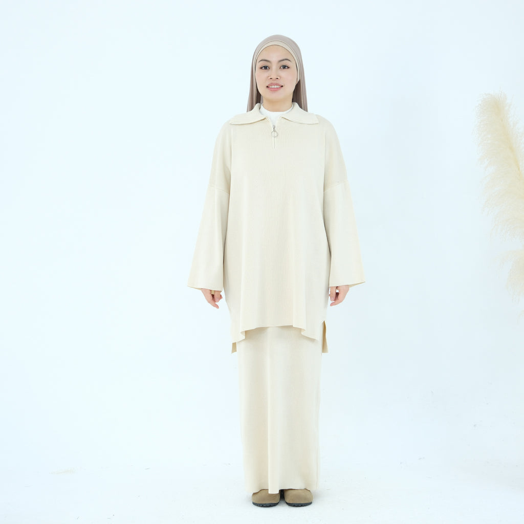 1929#Half Zipper Drop Shoulder Sweater Knit Muslim Women Two Pieces Set Oversized Tops Casual Fall Skirt Abaya Set