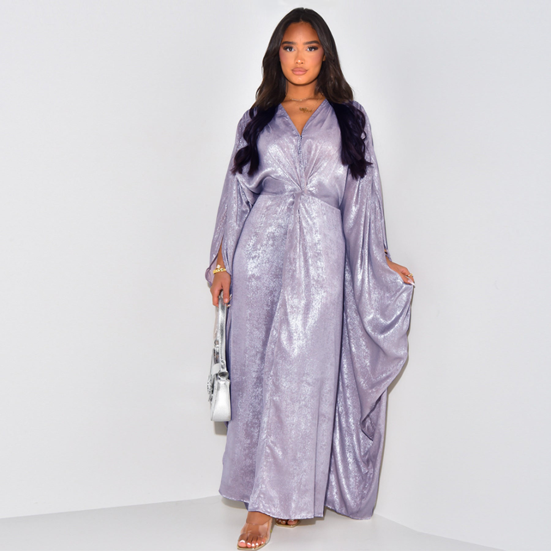 1824#New Modest Shinny Fabric Butterfly Plus Size Womens Dresses Party Wear Evening Ladies Abaya