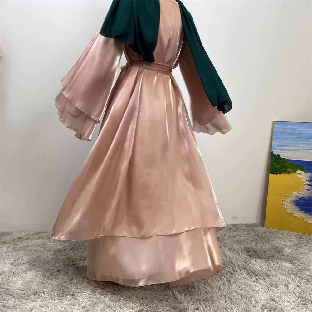 1432#Flowy Shiny Silk Material New Design Two Layers Loose Sleeves Classy Fashion Popular Ladies Islamic Open Abaya