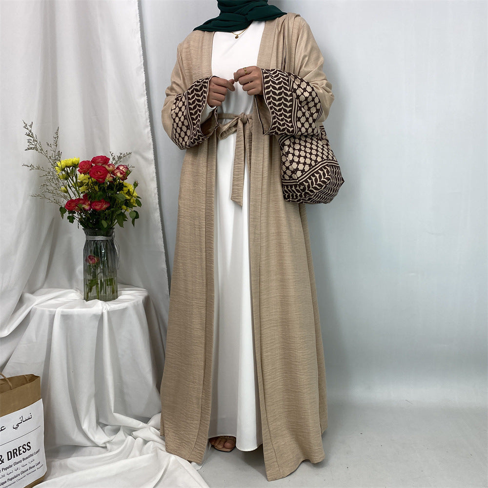 1452#Hot Seller Palestine-Inspired Printed Soft Linen Keffiyeh Open Abaya Wholesale With Crossbody Bag
