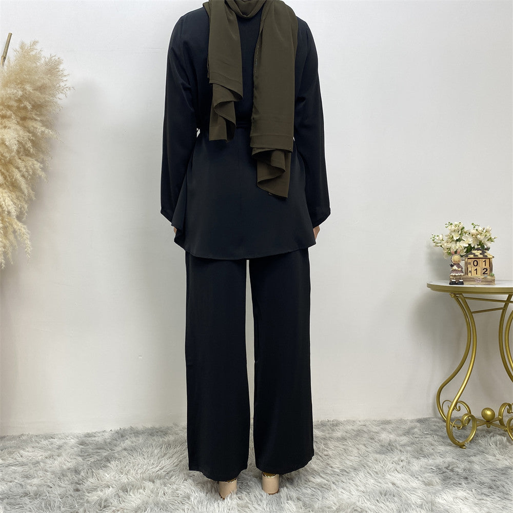 2272# Solid color popular office sets long sleeve blouse loose wide leg pant 2 pieces sets
