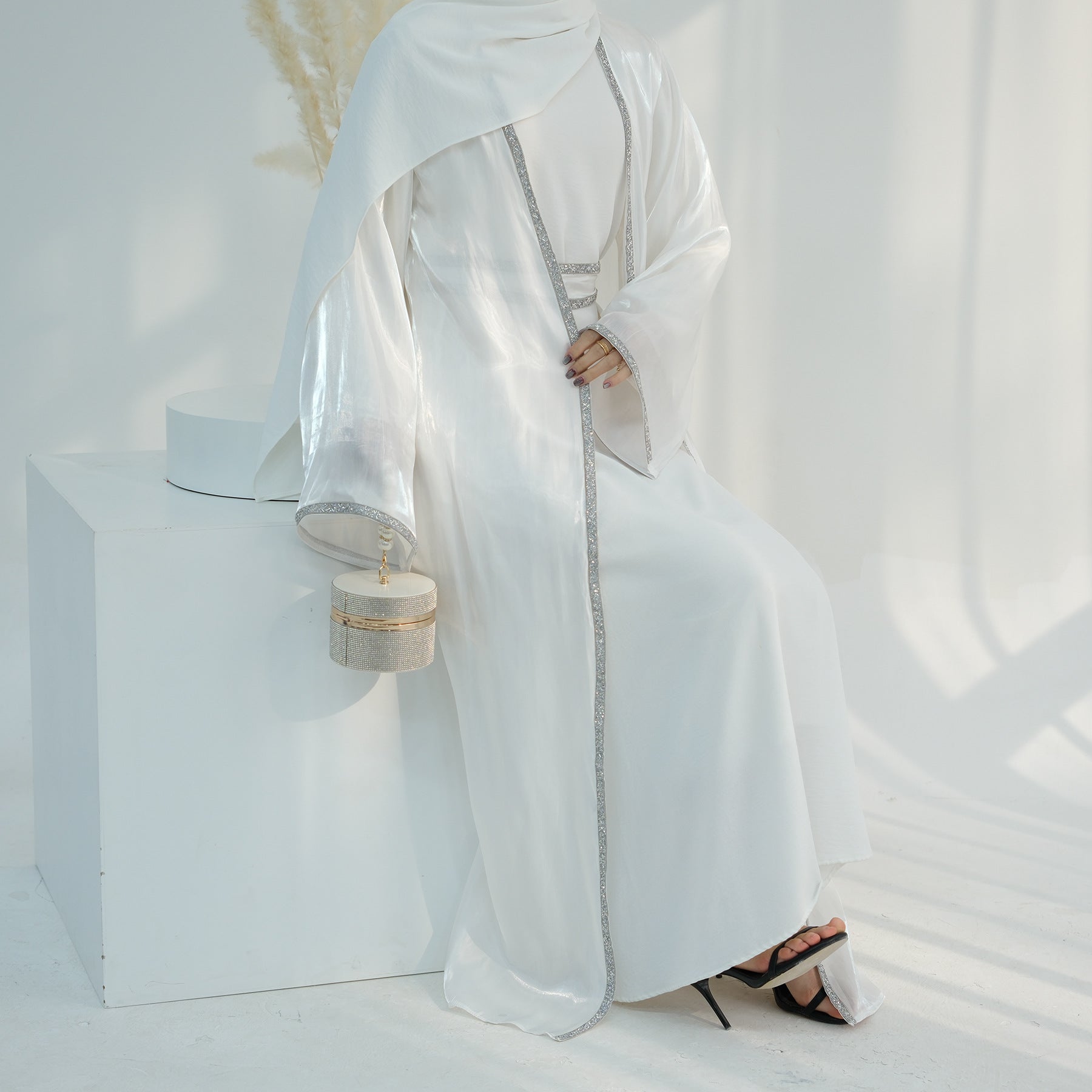 1699#2024 New Abaya Set Shinny Polyester Glitter Dubai Abaya Modest Kimono