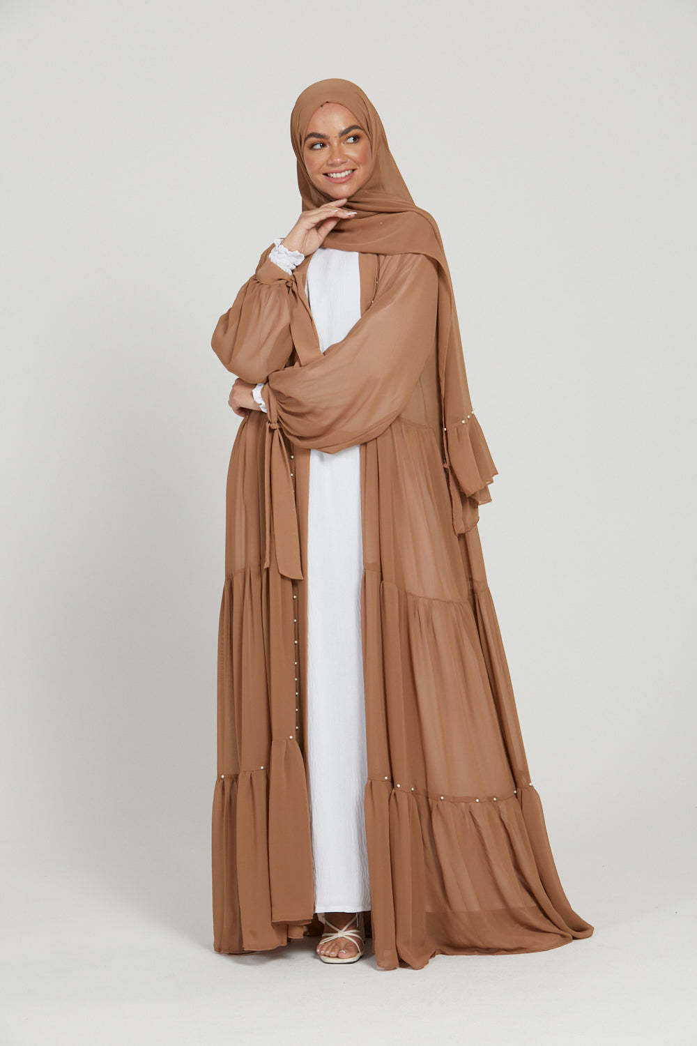 1964#Chiffon open abaya with white pearls tie belt long sleeves dubai abayas 5 colors 的副本