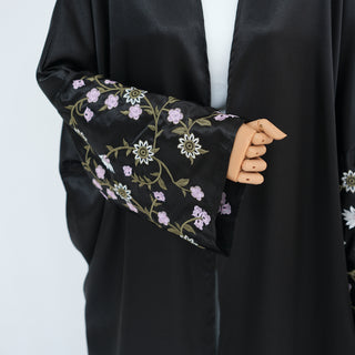 1827#Modest Dresses Black Satin Embroidery Abaya Islamic Clothing Front Open Abaya