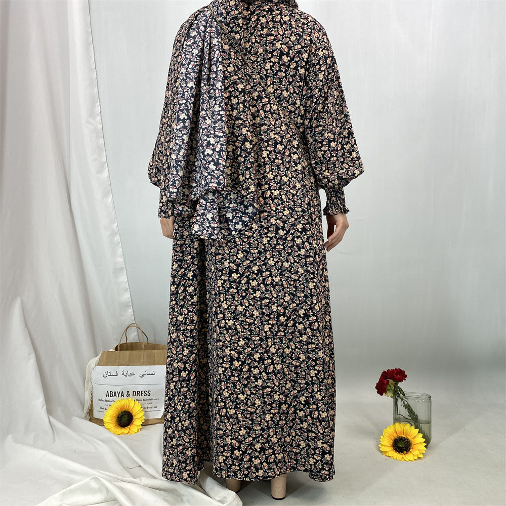 6847#Floral Printed One Piece Tradition Prayer Abaya Robe with Attached Hijab