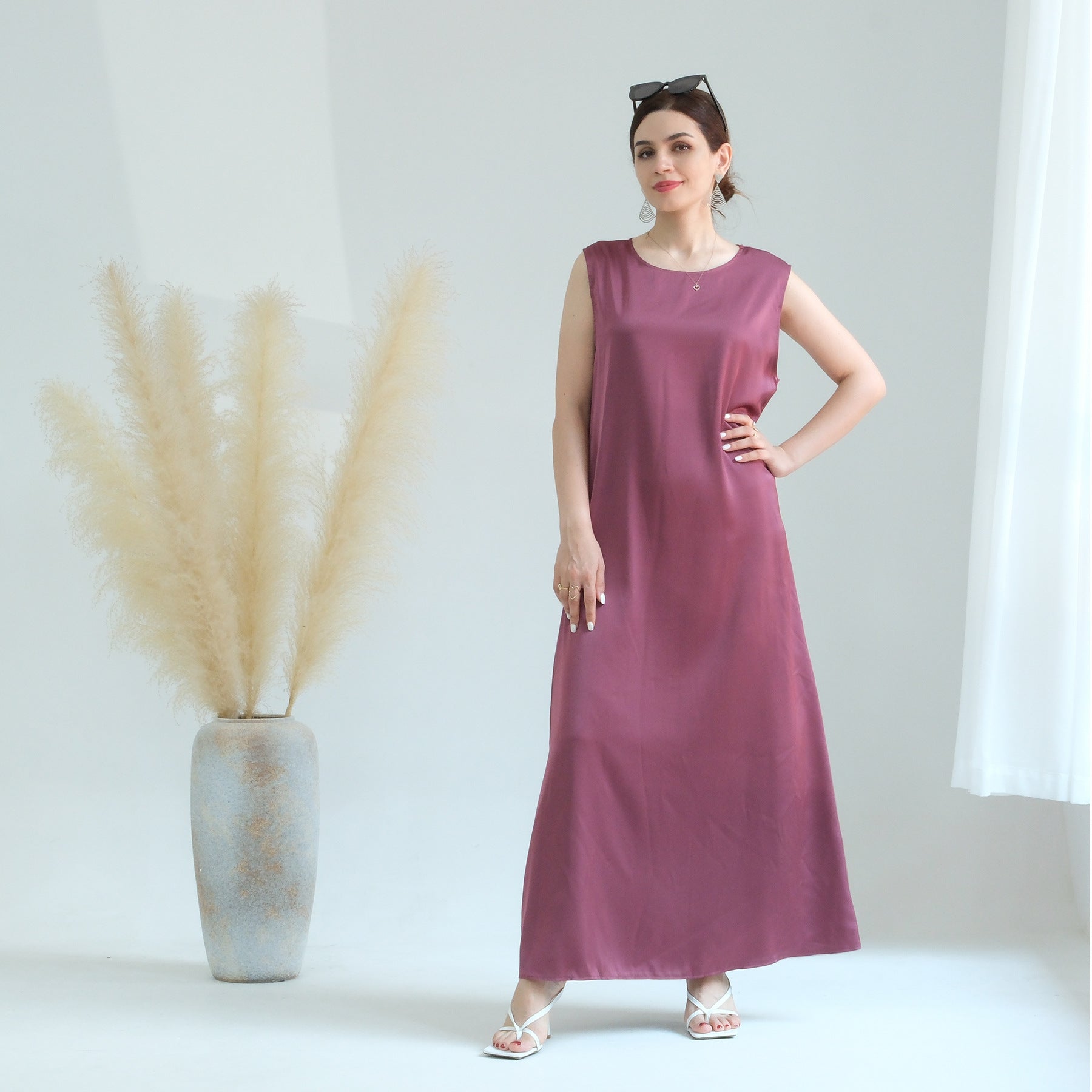 1635#Modest Sleeveless Inner Dress Satin Fabric Islamic Clothing Muslim Dress