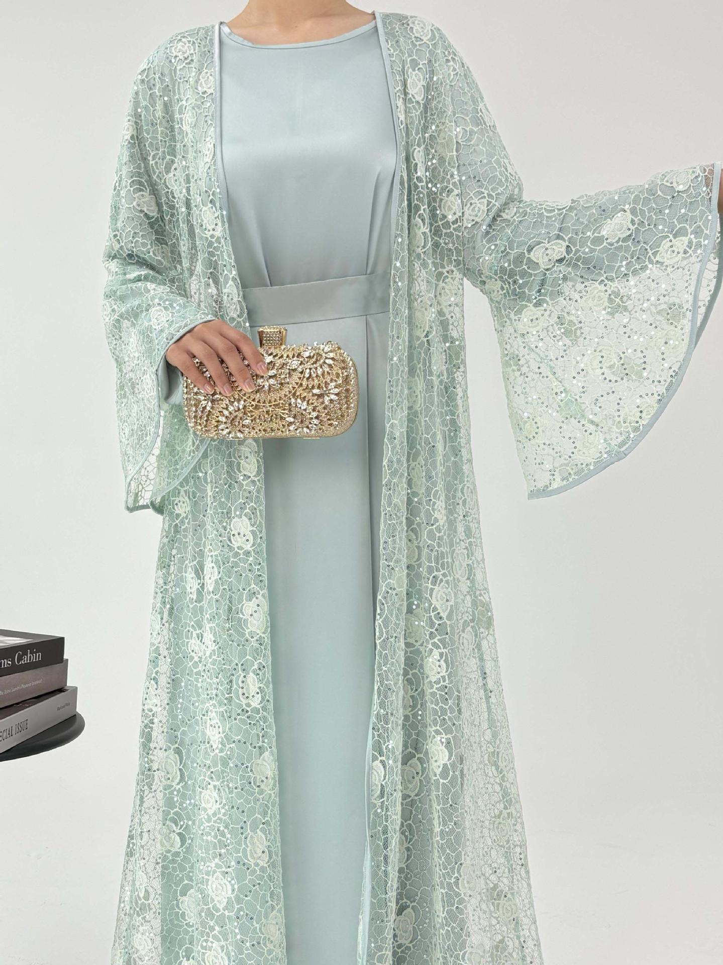 1031#2pcs Lace Abaya Women Muslim Dress Set  Islamic Clothing Kaftan