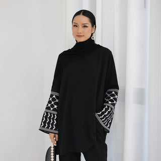 1836#Keffiyeh Inspired Long Sleeve Top and Pants Daily Casual Wear Suit for Muslim Women 2pcs Modest Fashion Abaya Set