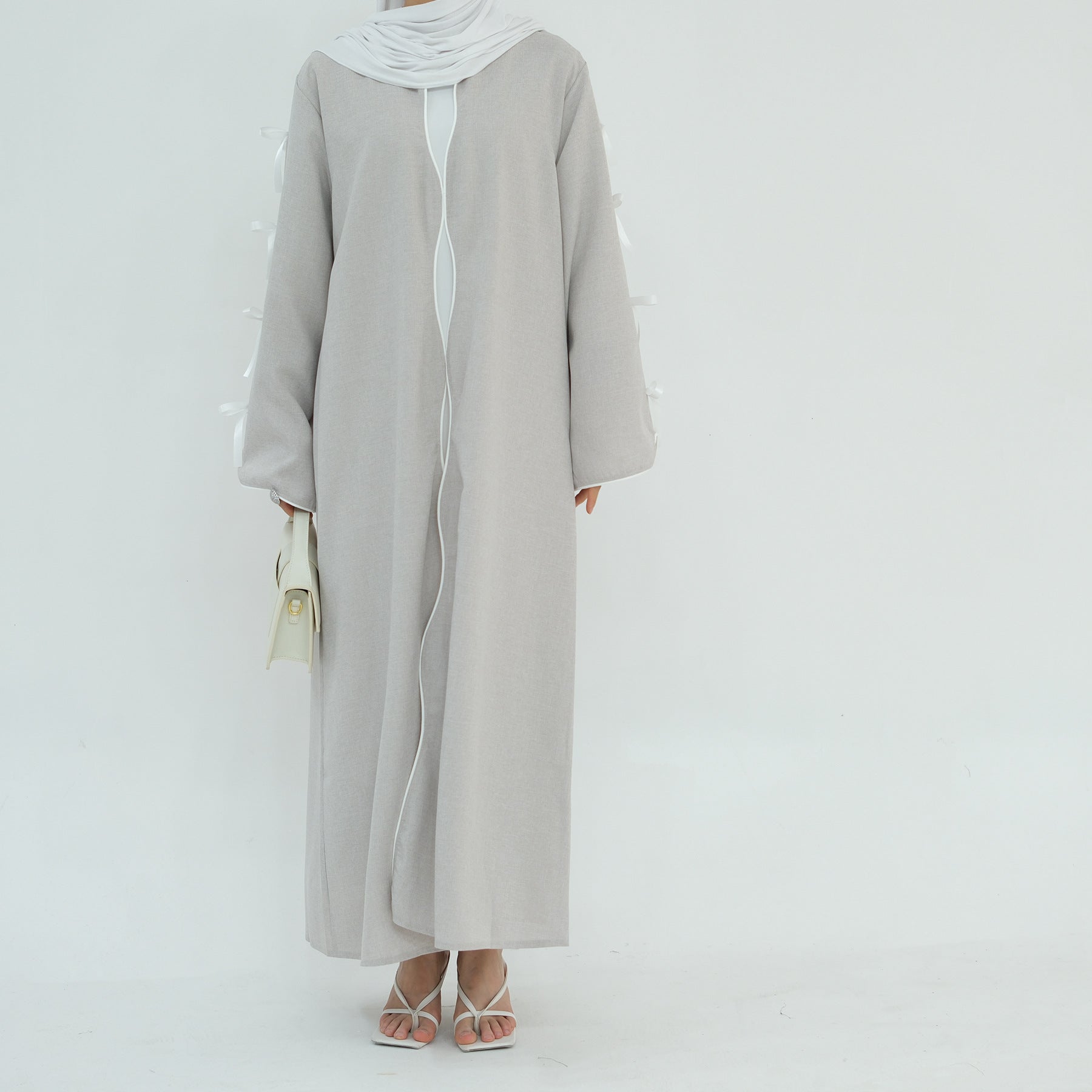 1800#Linen New Arrival Islamic Clothing Cardigan Open abaya With Bowknots Women's Clothing Abaya Women Muslim Dress